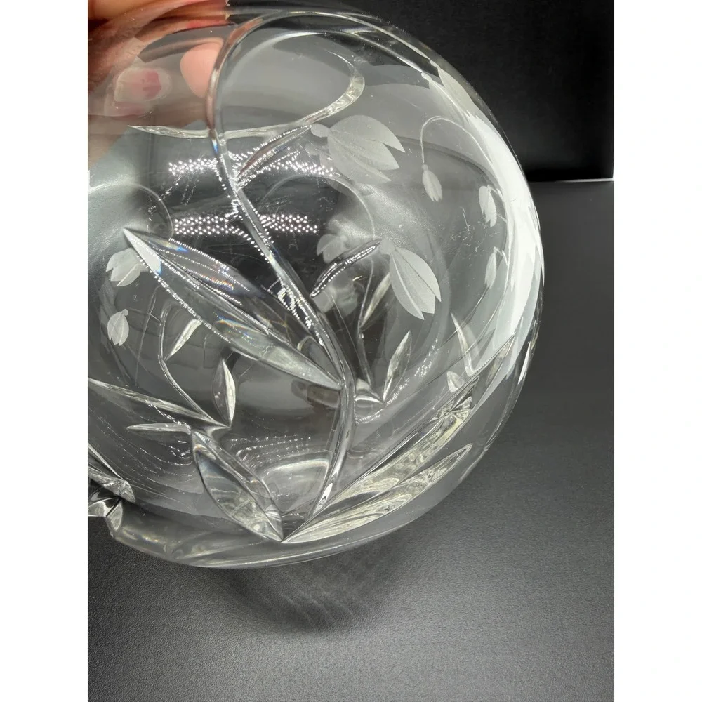 Tiffany & Co Crystal‎ Rose Bowl Vase Snowdrop Etched Floral Glass Round 5 Inch